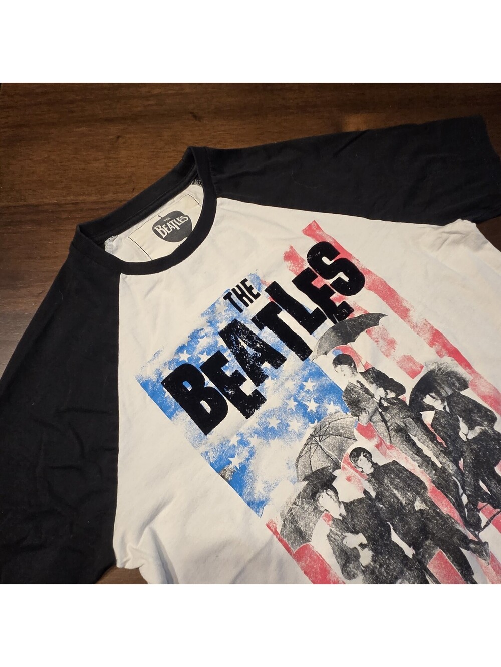 The Beatles Giordano Raglan Graphic T-Shirt Mens Small Cream Black Oversized Fit